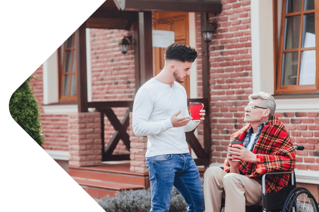 two people talking outside of a care home